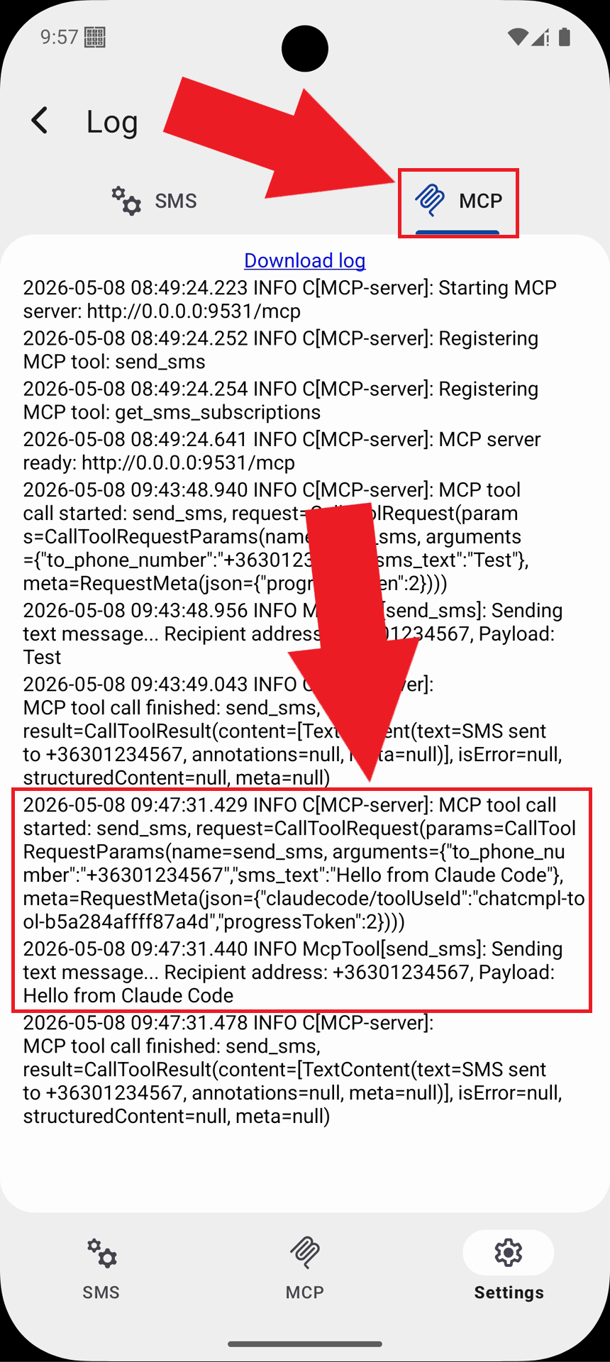 Select MCP tab and view logs Select MCP tab and view logs