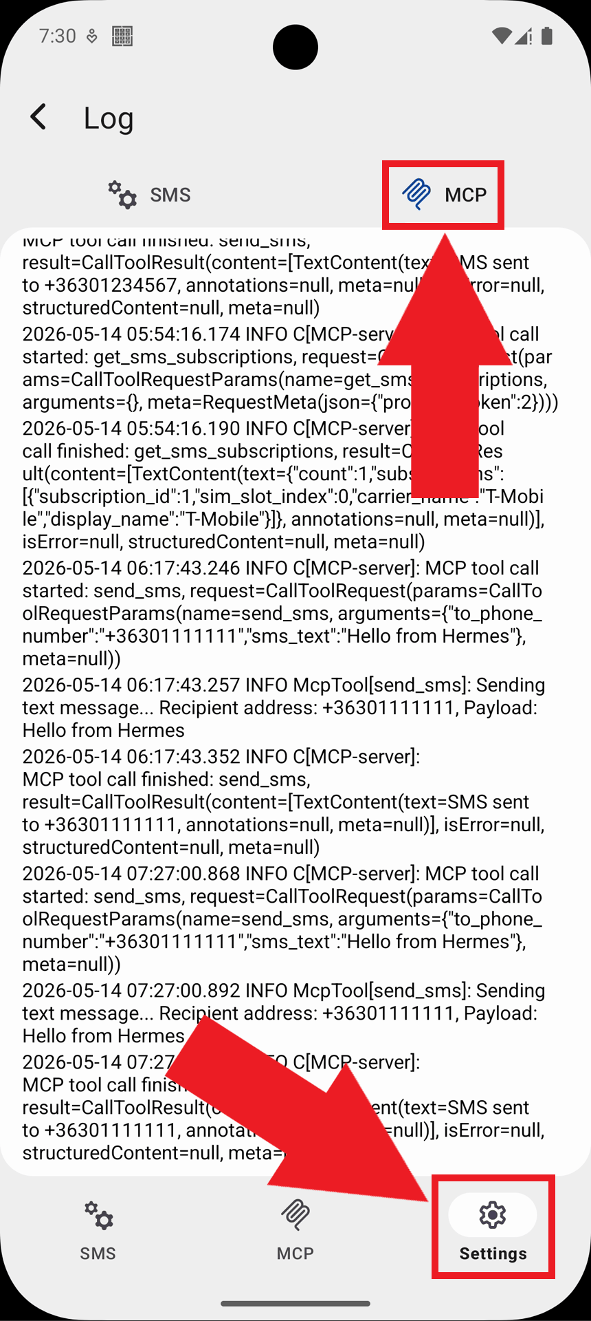 Navigate to gateway MCP logs from settings Navigate to gateway MCP logs from settings