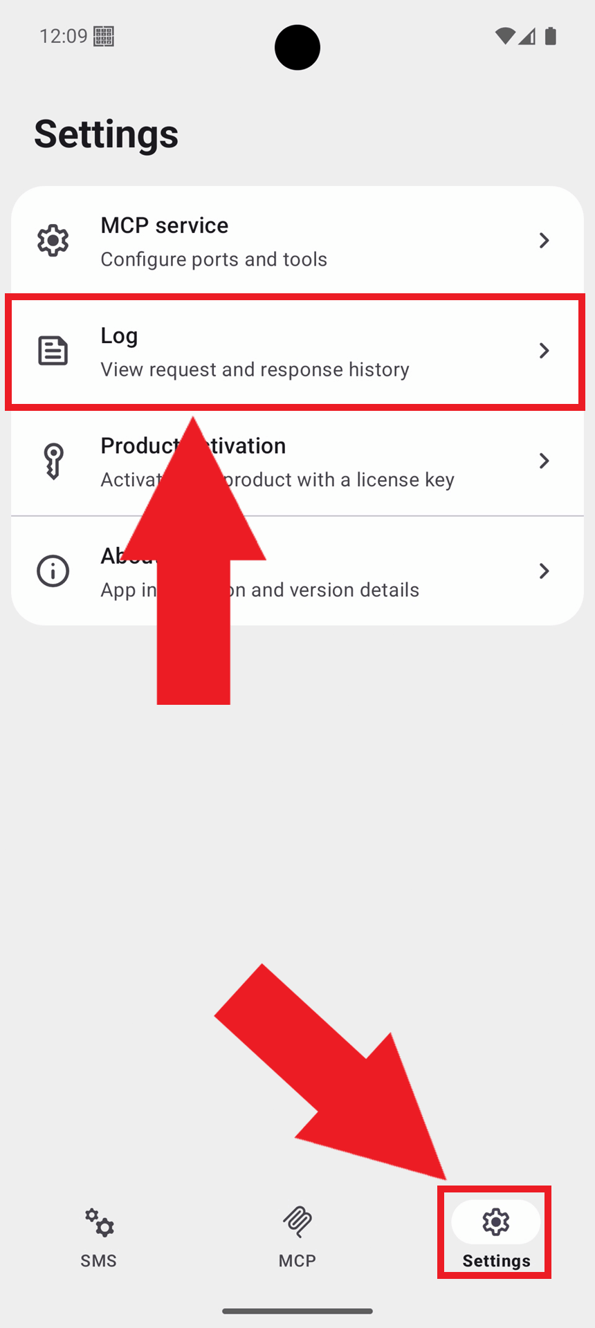 Open gateway settings and tap Log