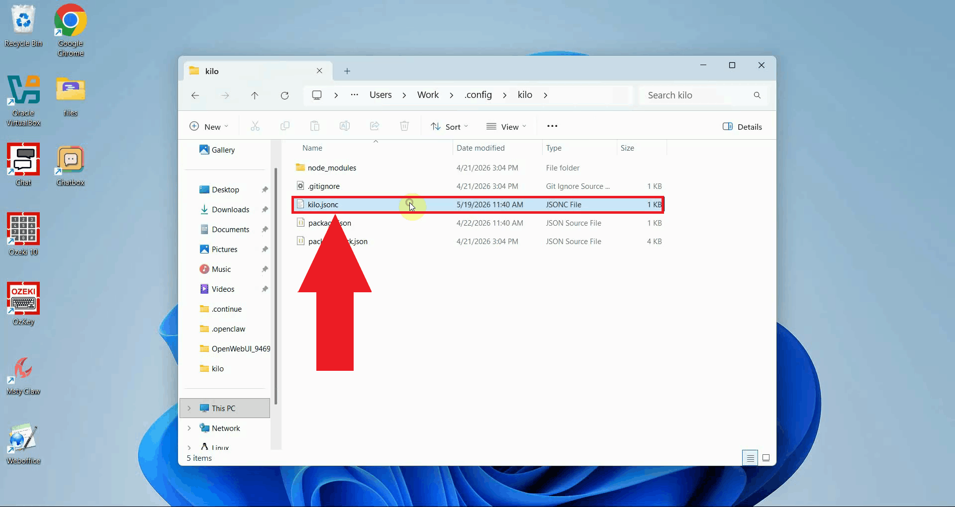 Open kilo.jsonc file in text editor