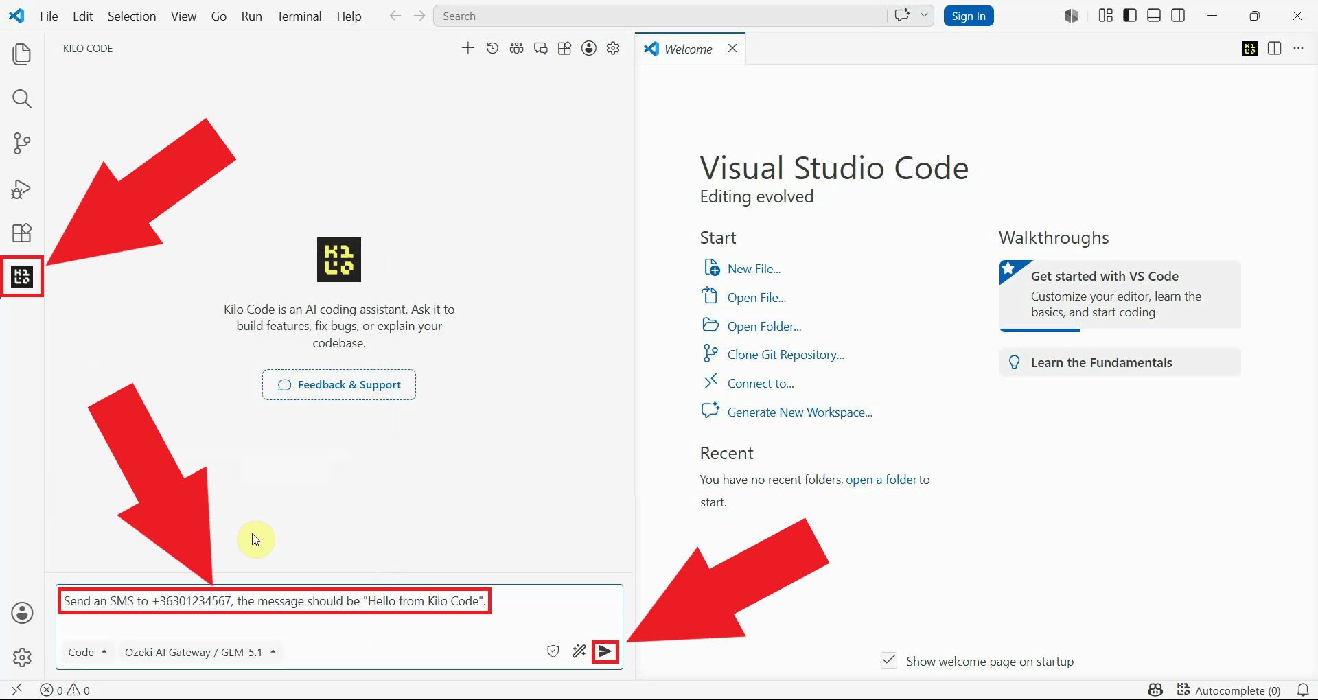Open Kilo Code and ask AI to send an SMS