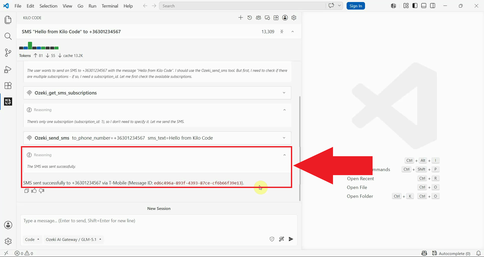 Send SMS tool result