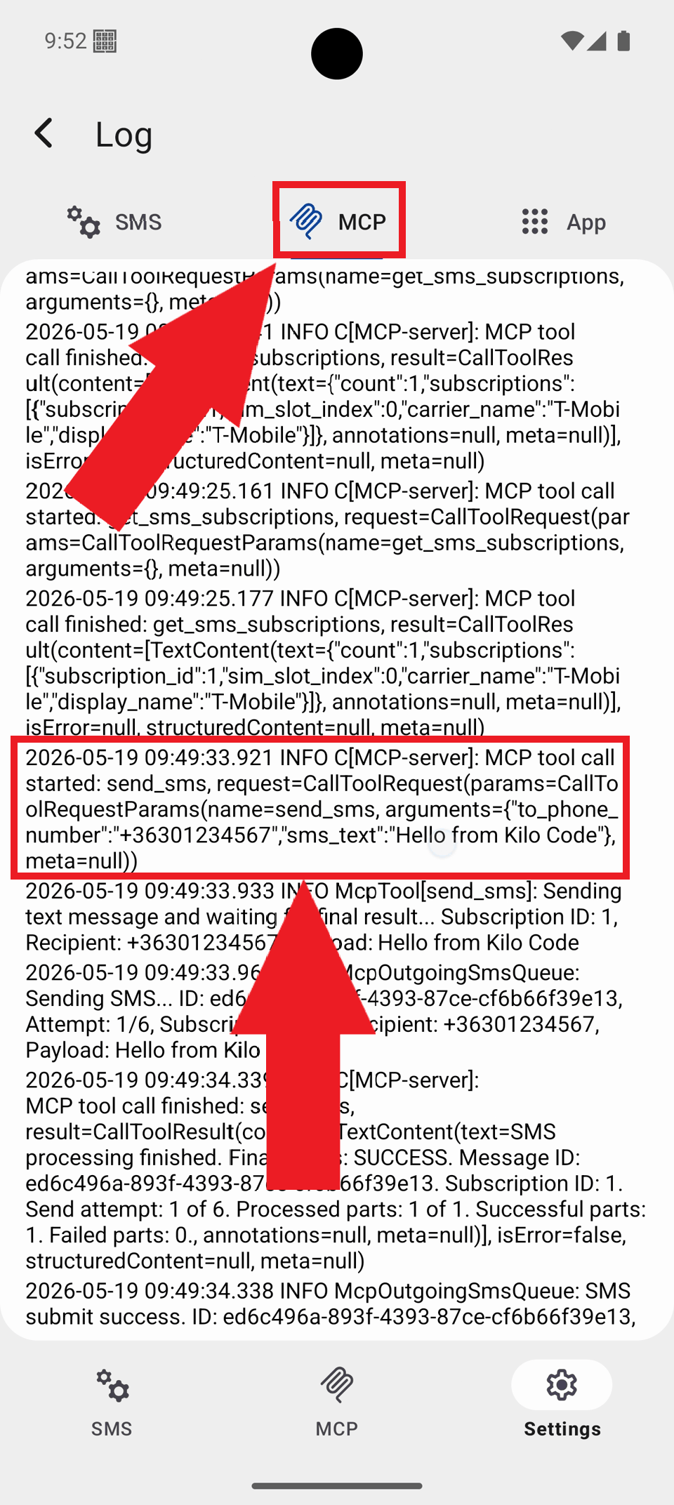 Select MCP tab and view logs Select MCP tab and view logs
