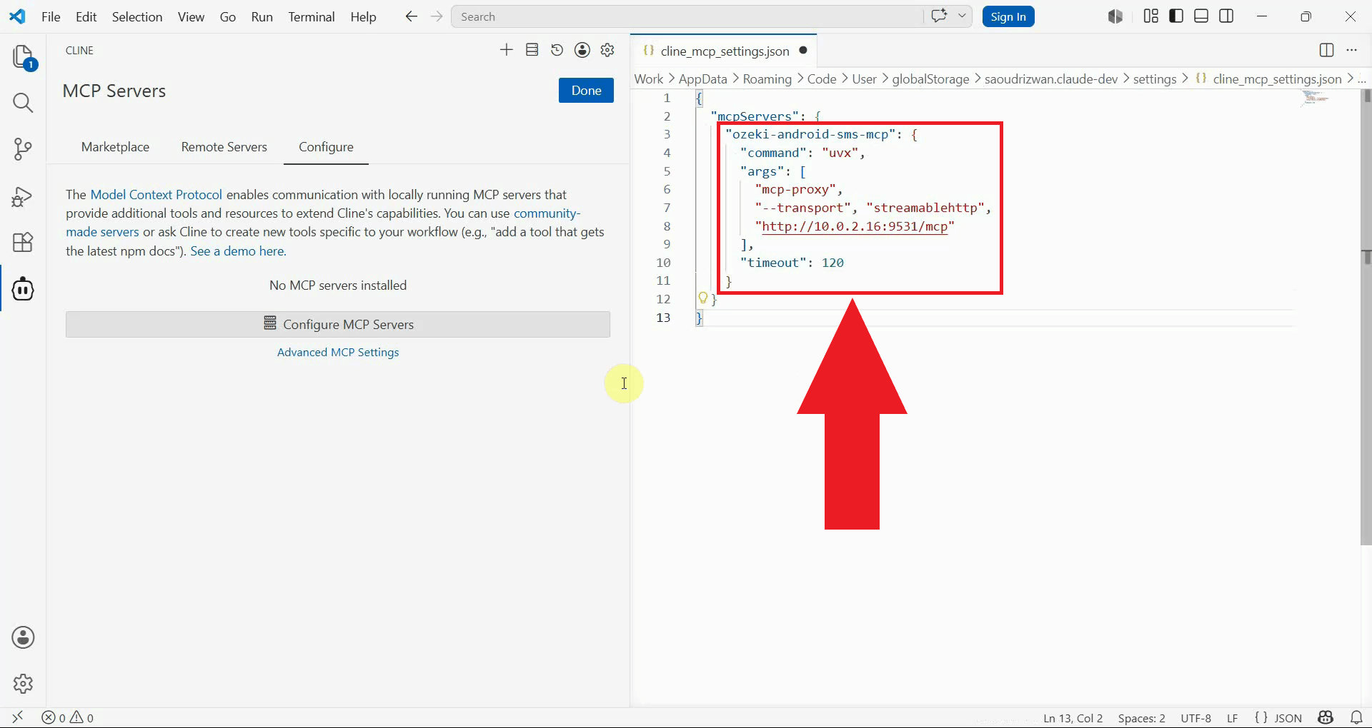 Add Ozeki SMS MCP server to config