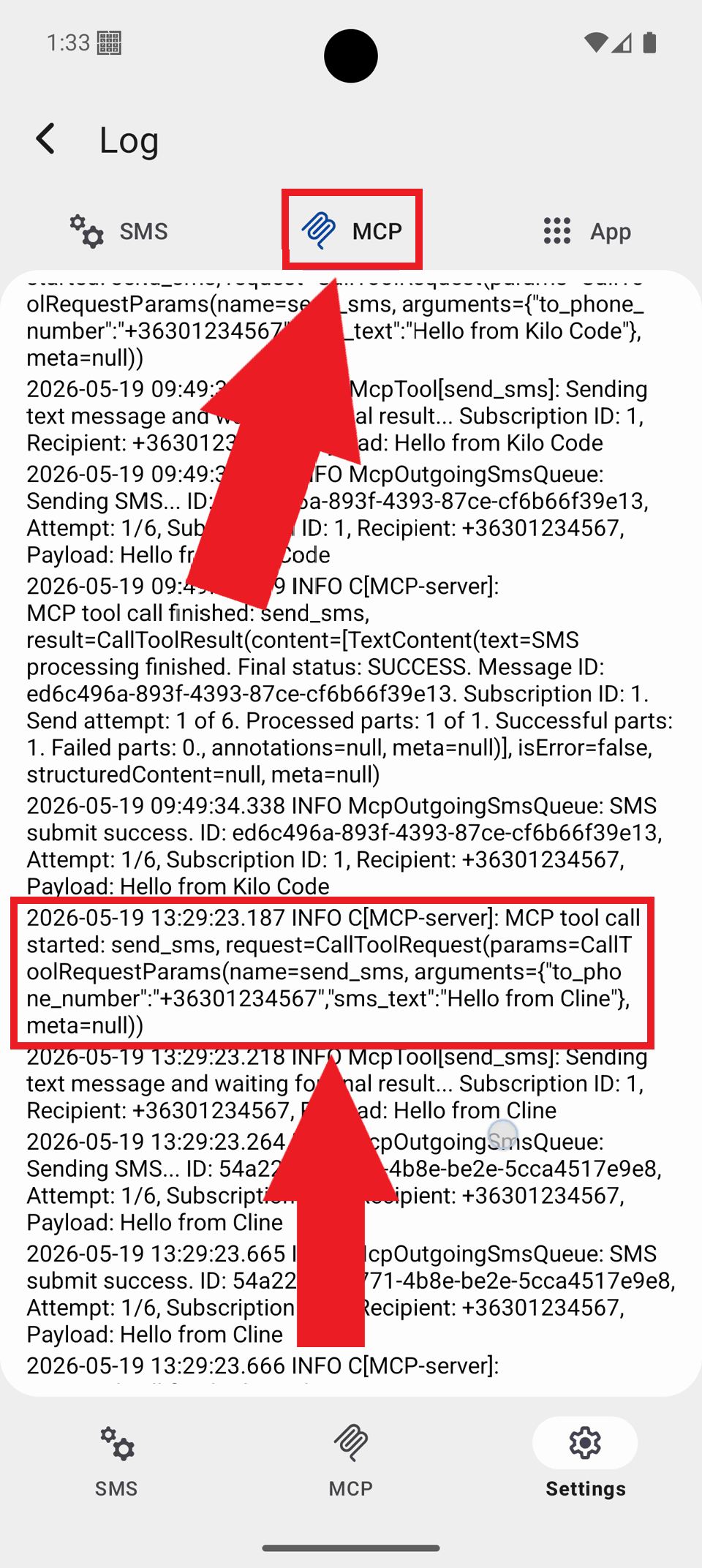Select MCP tab and view logs