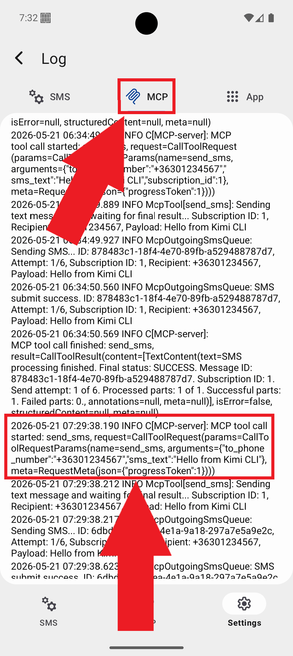 Select MCP tab and view logs Select MCP tab and view logs