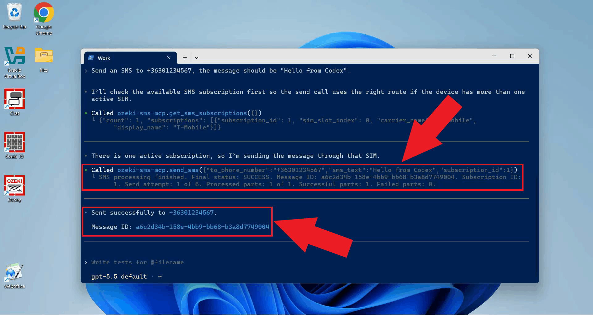 Send SMS tool result