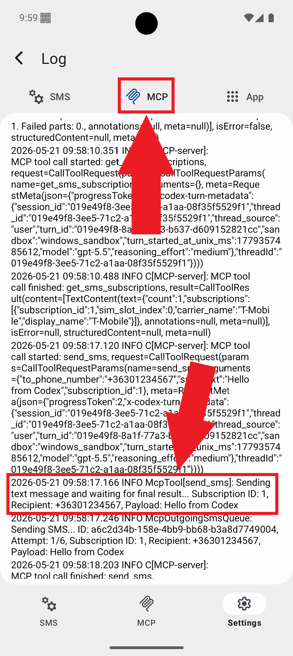 Select MCP tab and view logs Select MCP tab and view logs