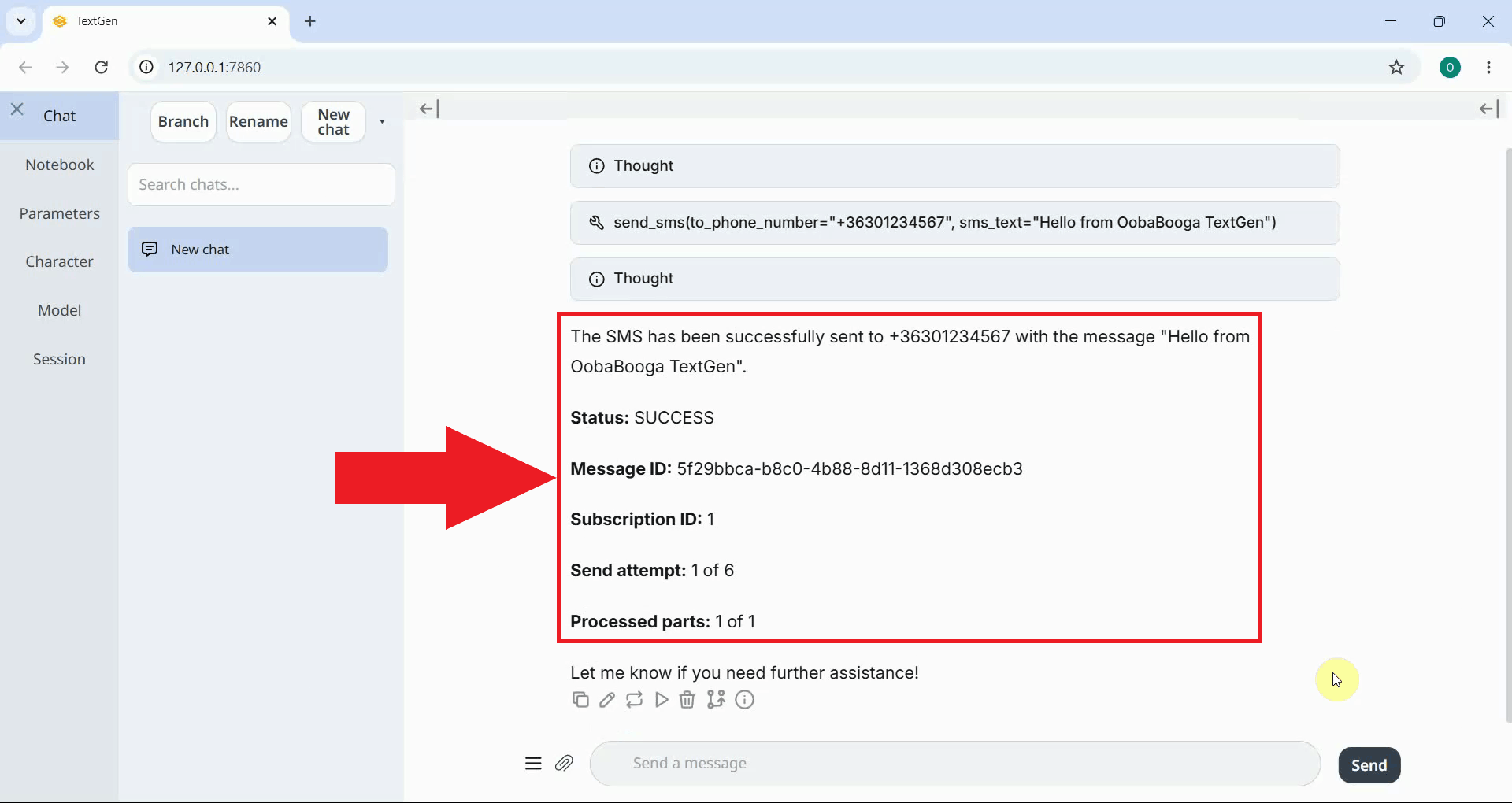 Send SMS tool result