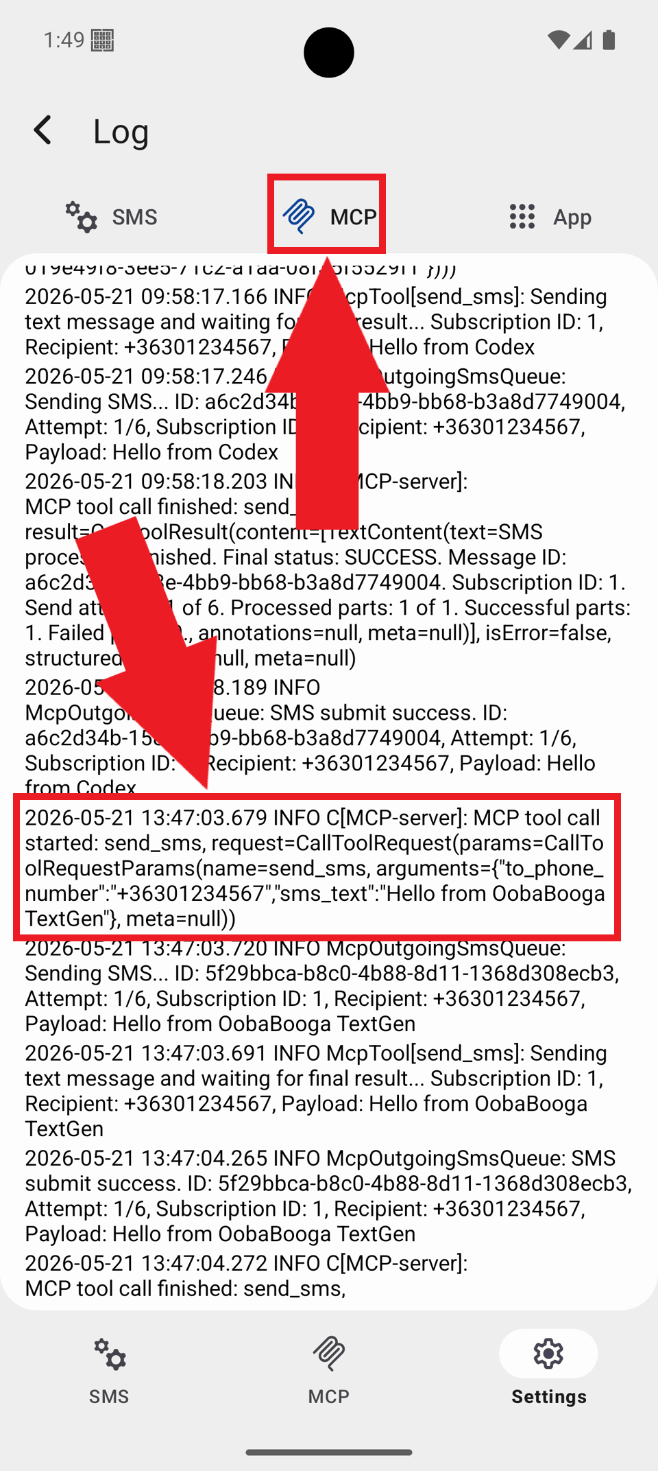Select MCP tab and view logs Select MCP tab and view logs