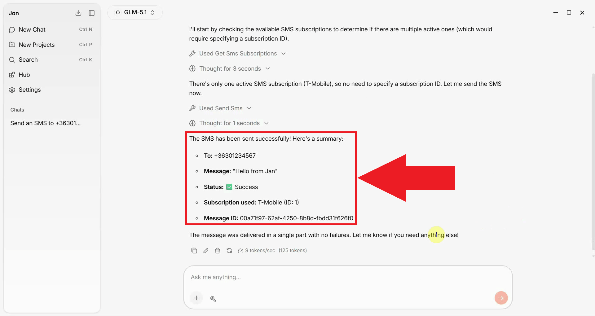 Send SMS tool result