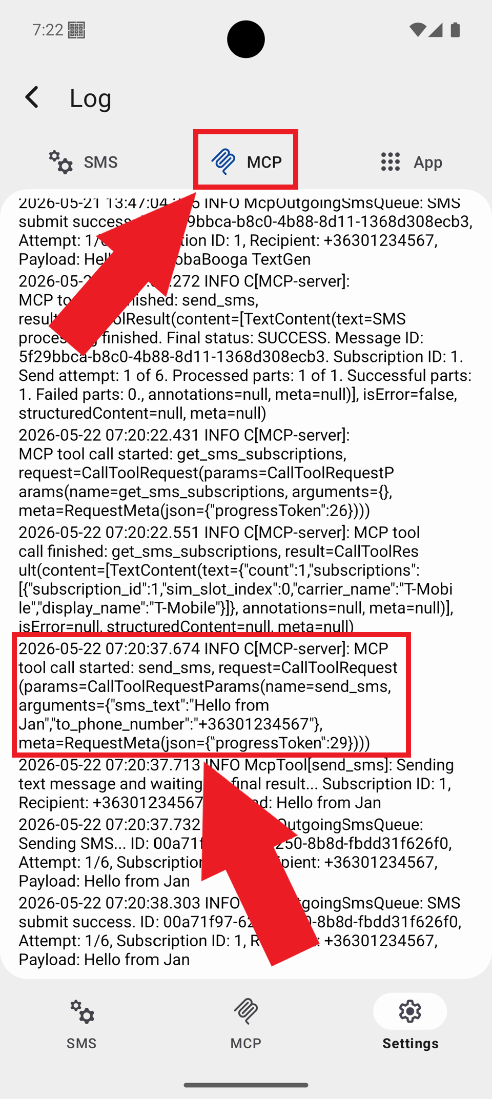 Select MCP tab and view logs Select MCP tab and view logs