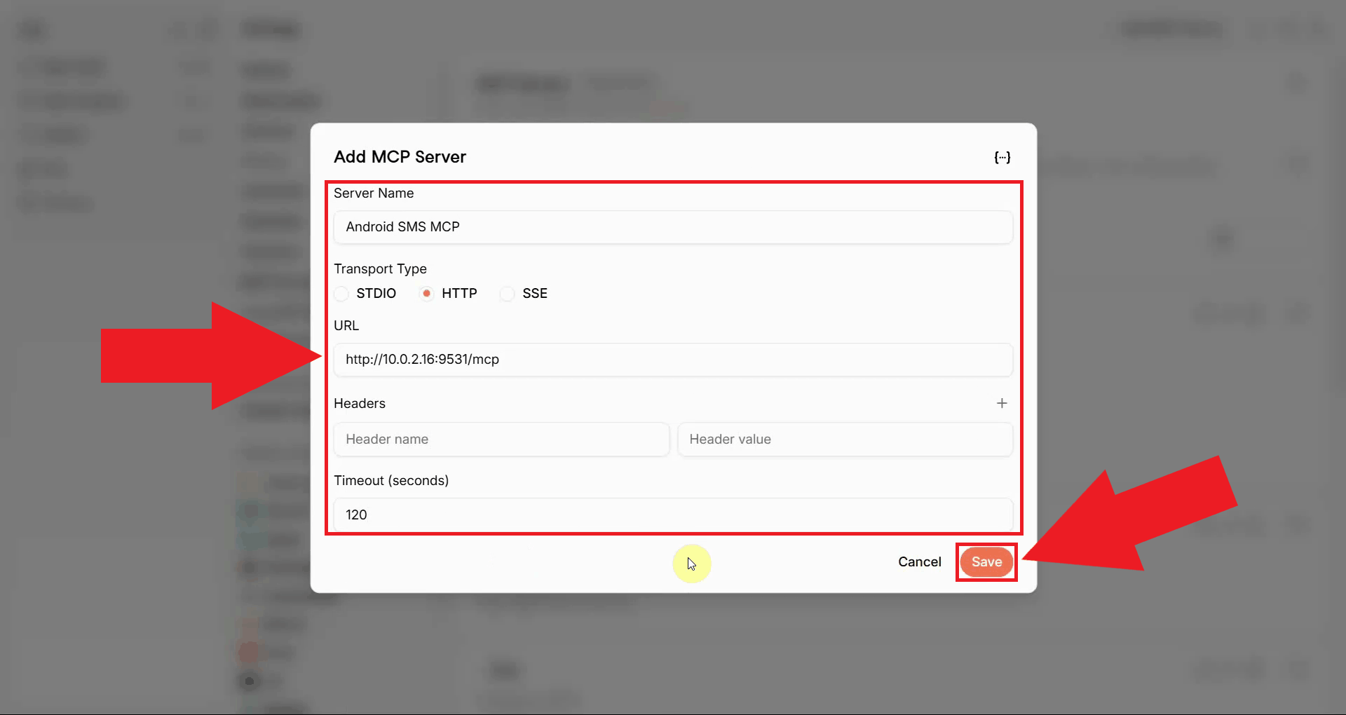 Enter SMS MCP server configuration and save