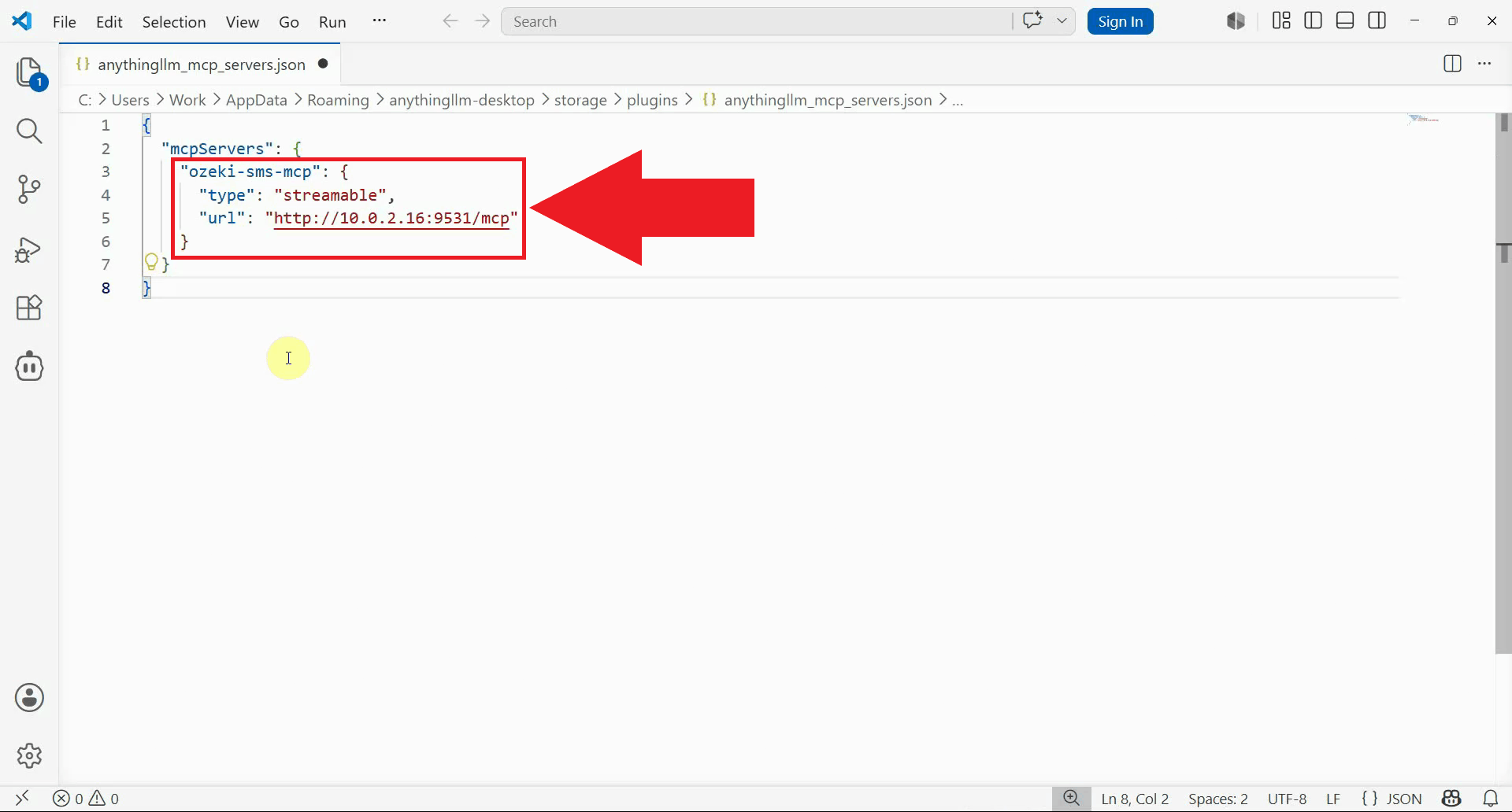 Add Ozeki SMS MCP to config