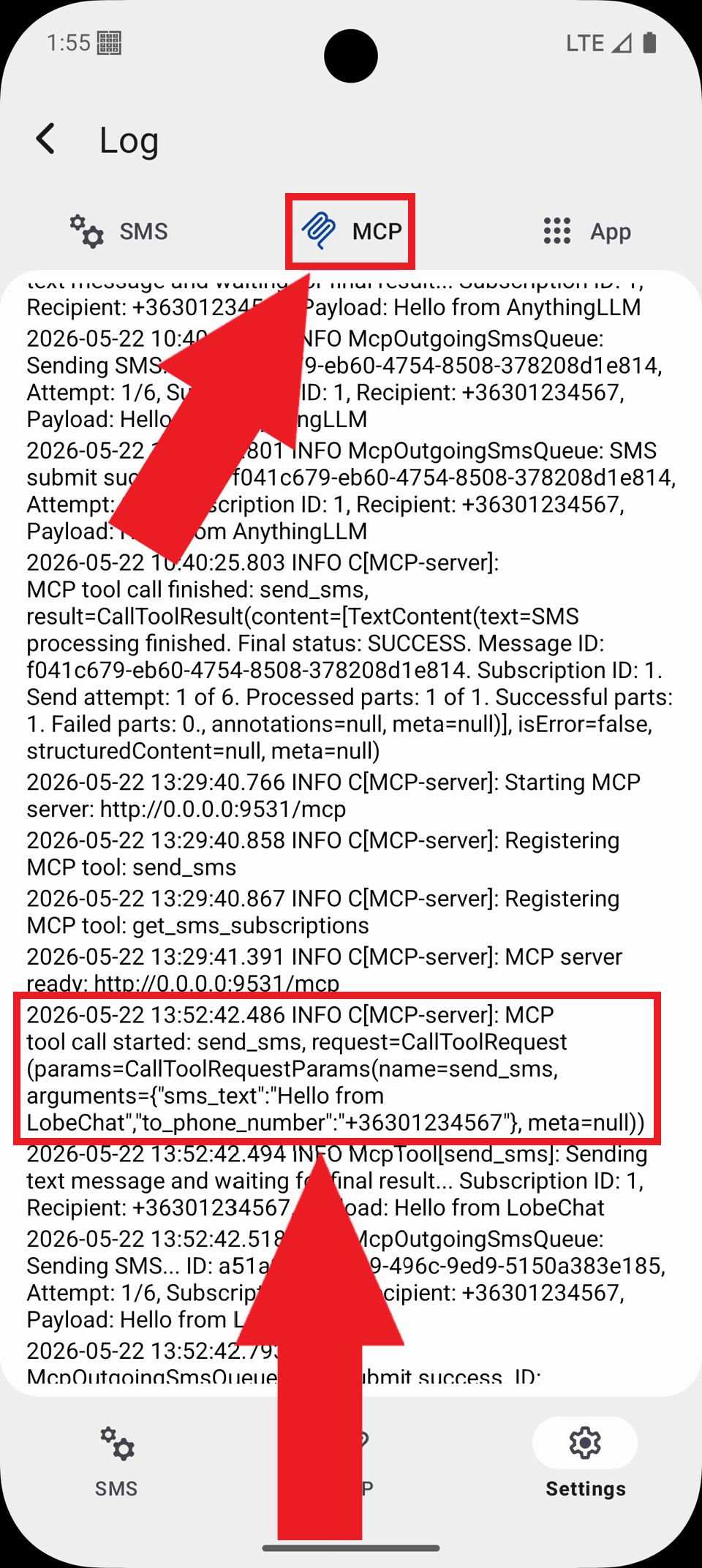 Select MCP tab and view logs Select MCP tab and view logs