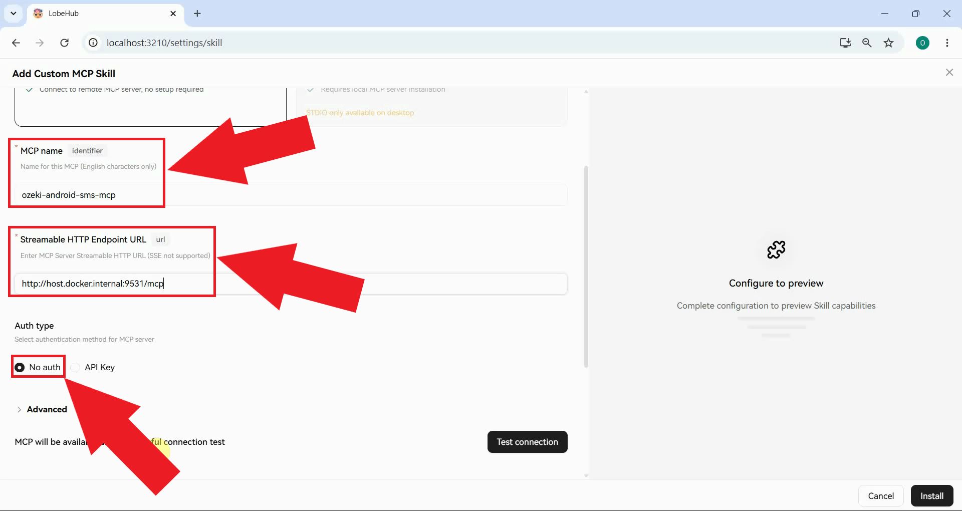 Enter MCP server URL, name and set auth type
