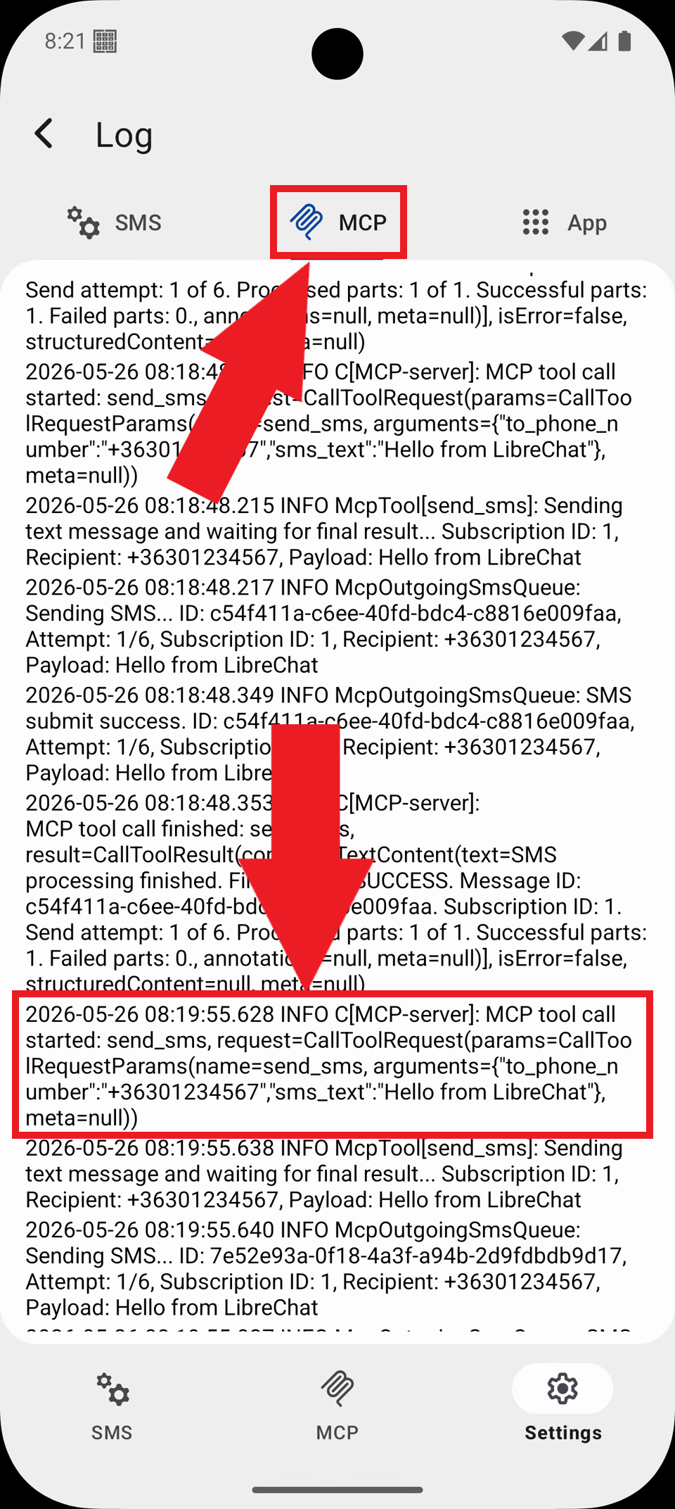 Select MCP tab and view logs Select MCP tab and view logs