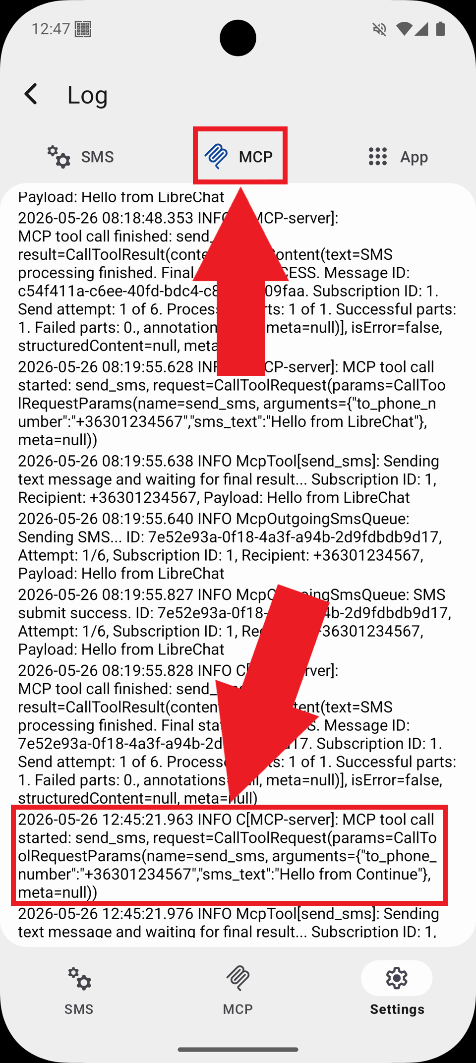 Select MCP tab and view logs Select MCP tab and view logs