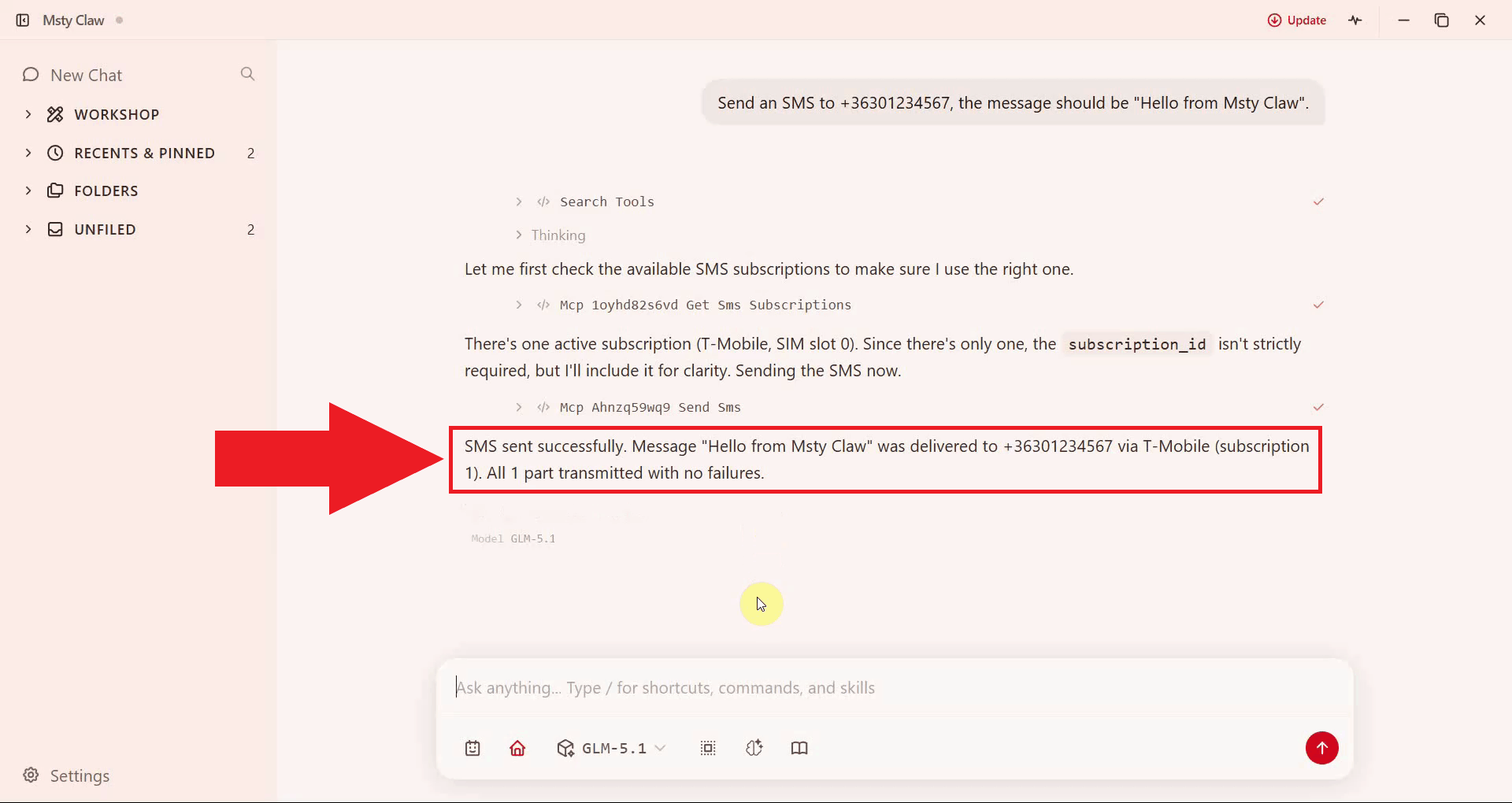 Send SMS tool result