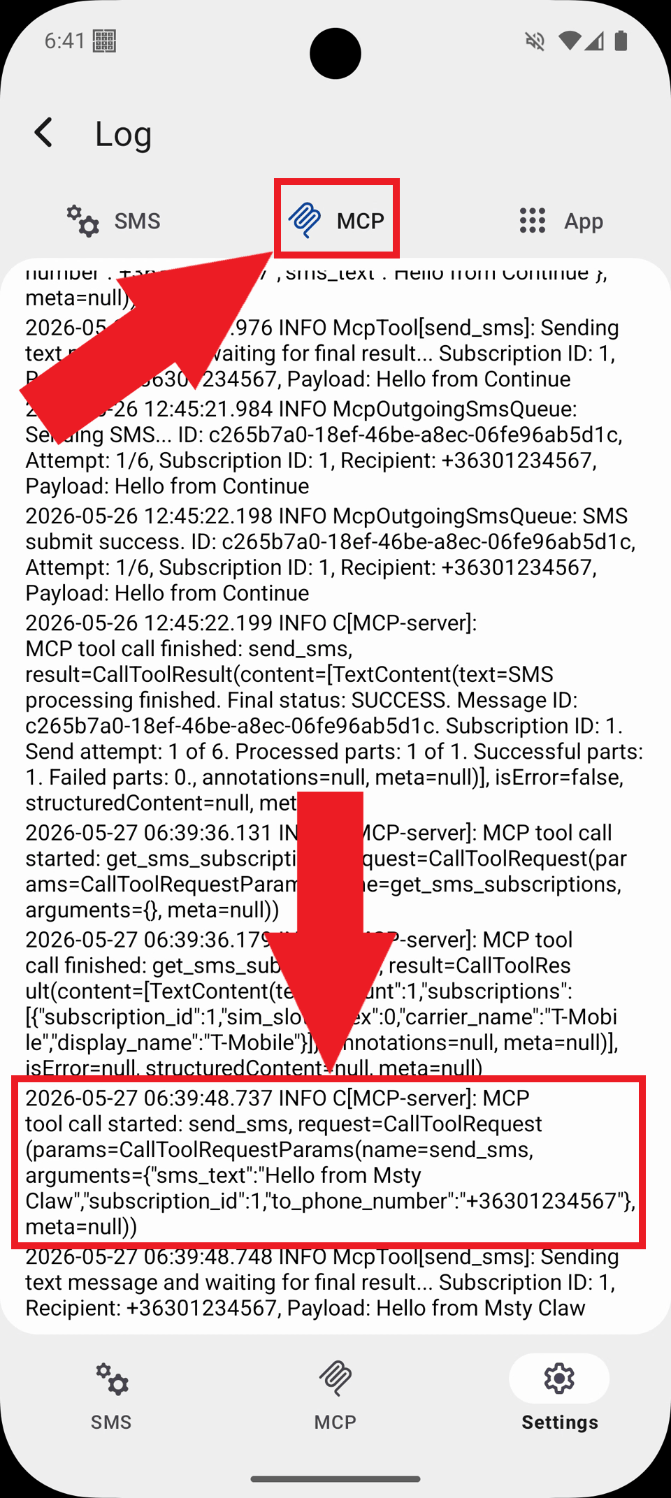 Select MCP tab and view logs Select MCP tab and view logs