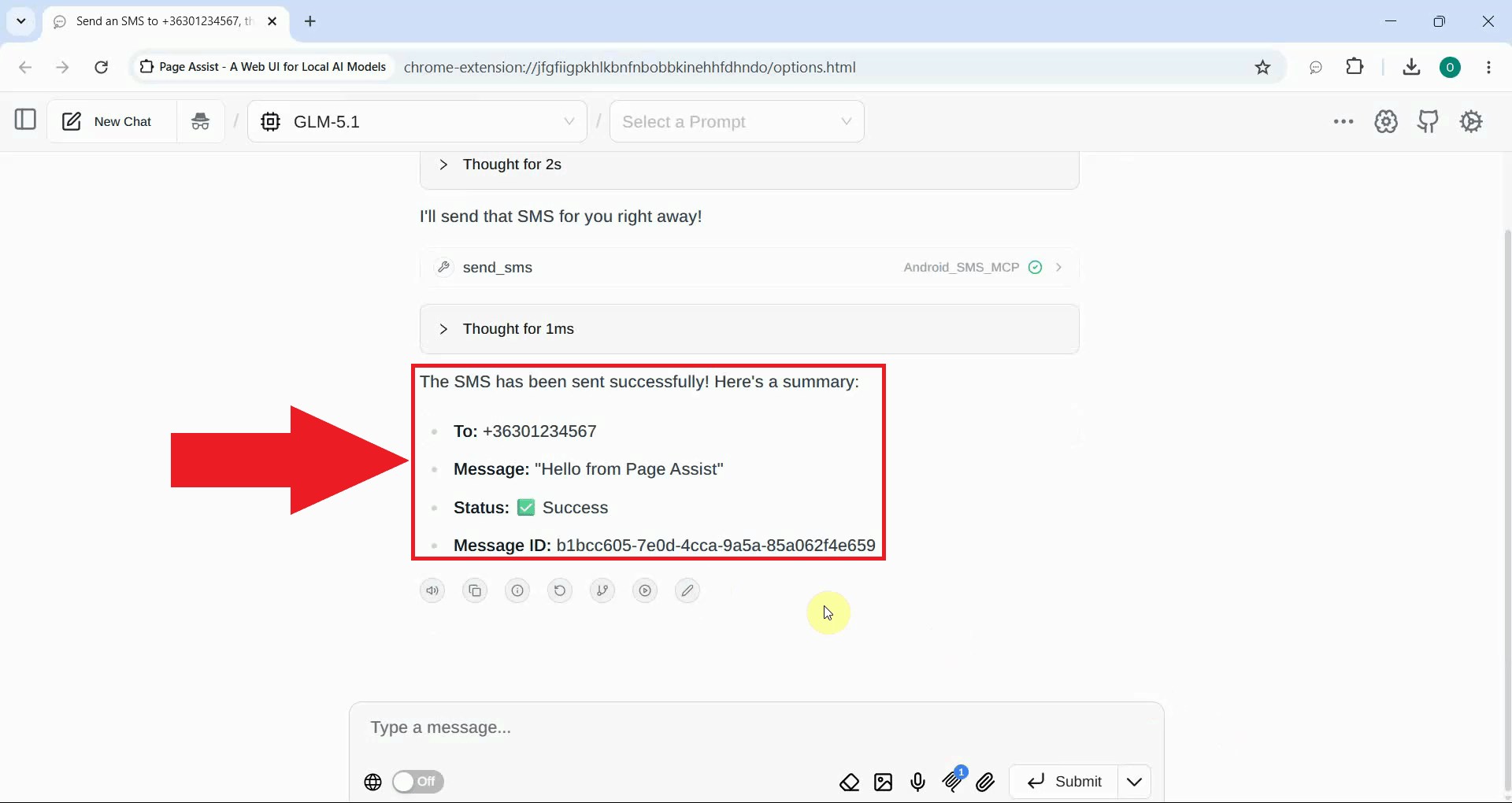 Send SMS tool result