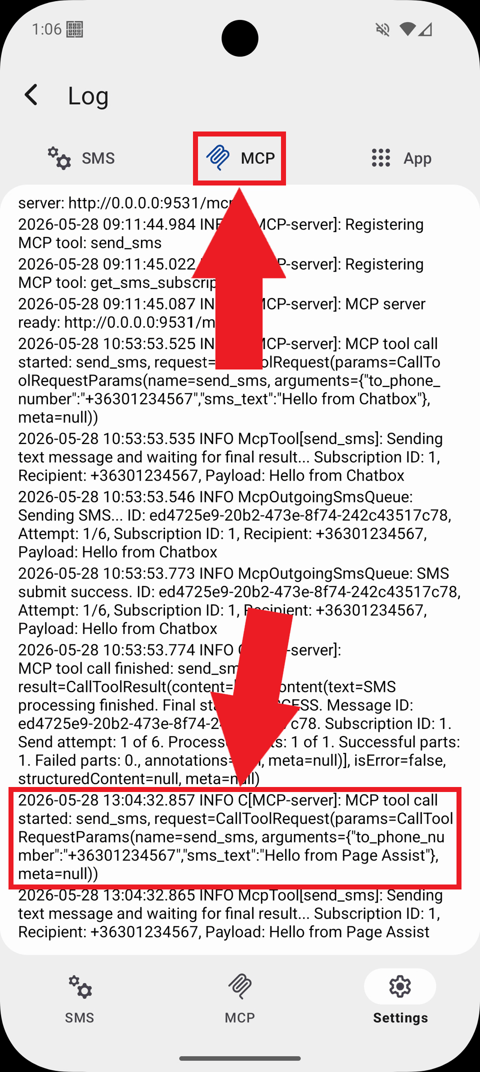 Select MCP tab and view logs