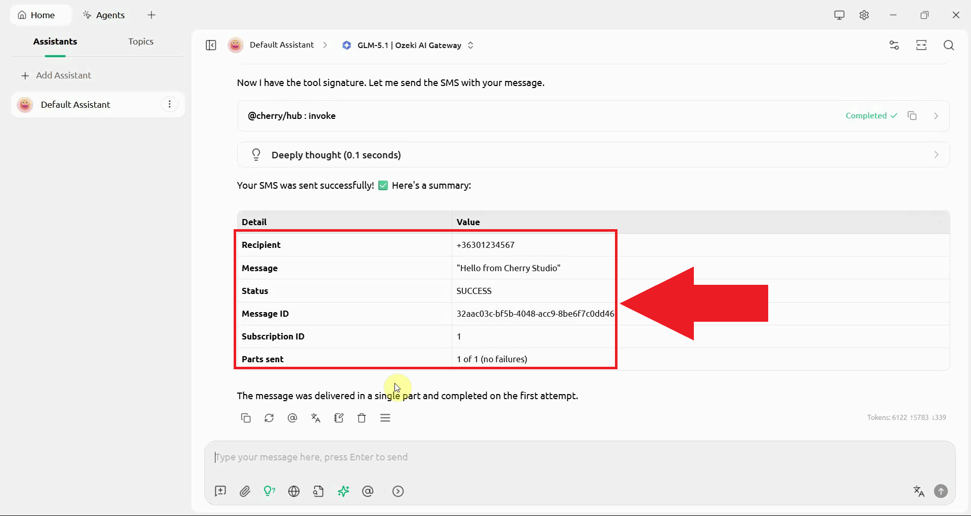 Send SMS tool result