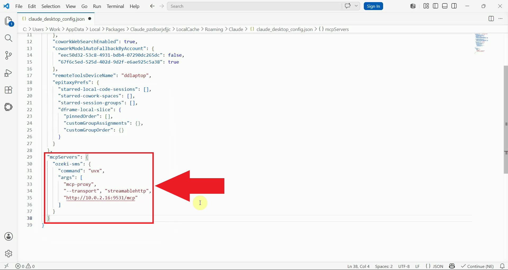 Add Ozeki SMS MCP server to config