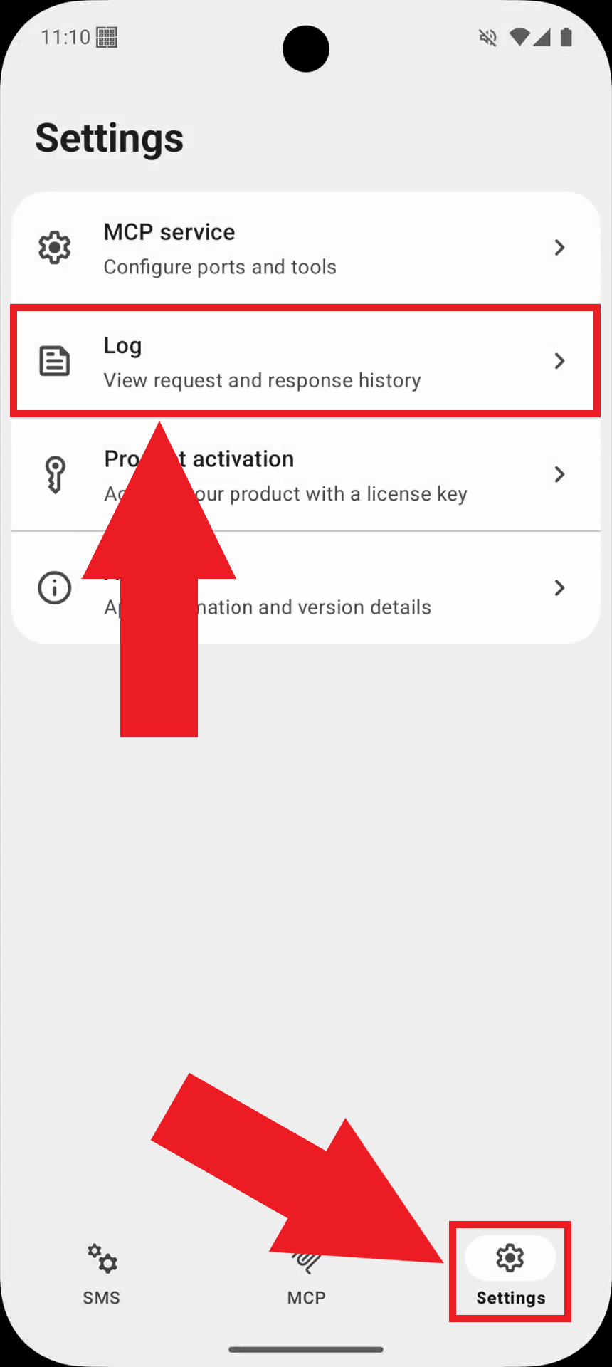 Open logs in gateway settings