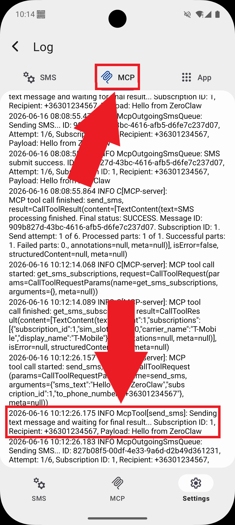 Select MCP tab and view logs