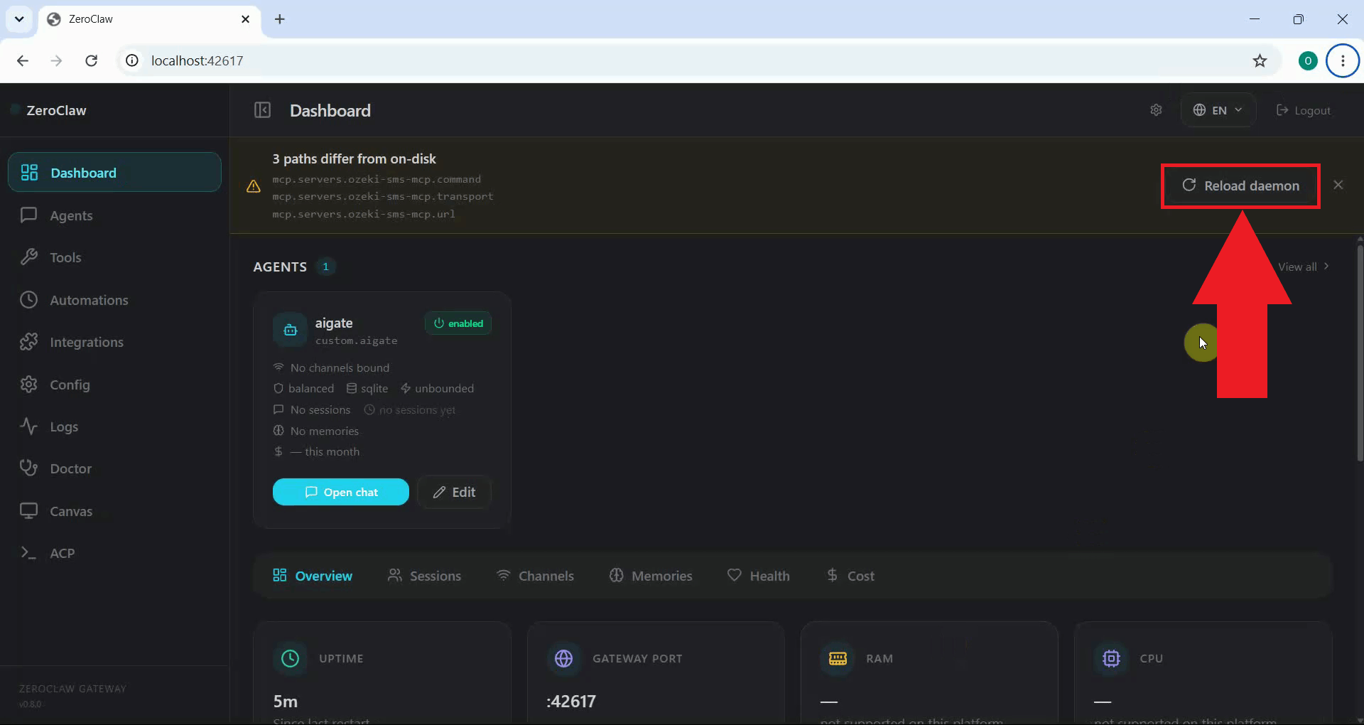 Reload daemon in ZeroClaw dashboard